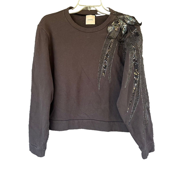 Nude Sweatshirt Womens Black Floral Embroidered Embellished Sequin Relax Sparkly - Picture 1 of 5